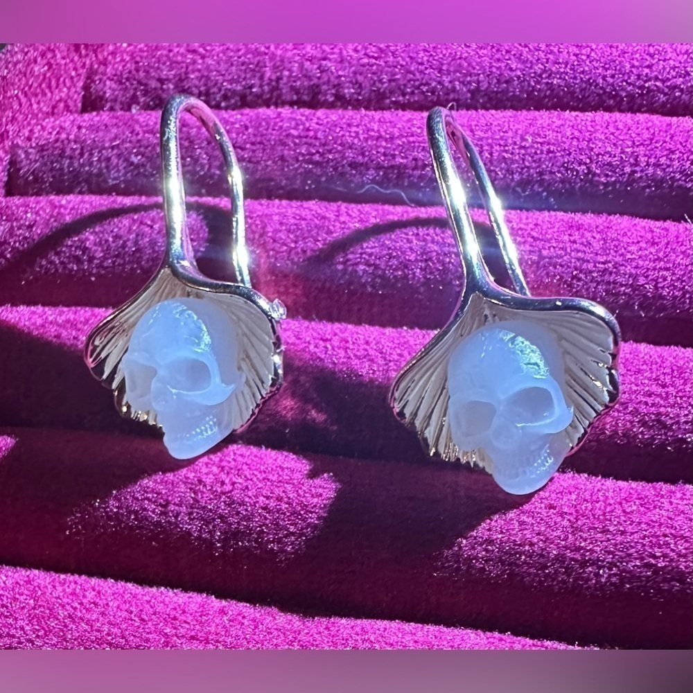 3 For $35 Hand Carved Skull On Copper Leaf Hook Dangle Earrings - Picture 4 of 7